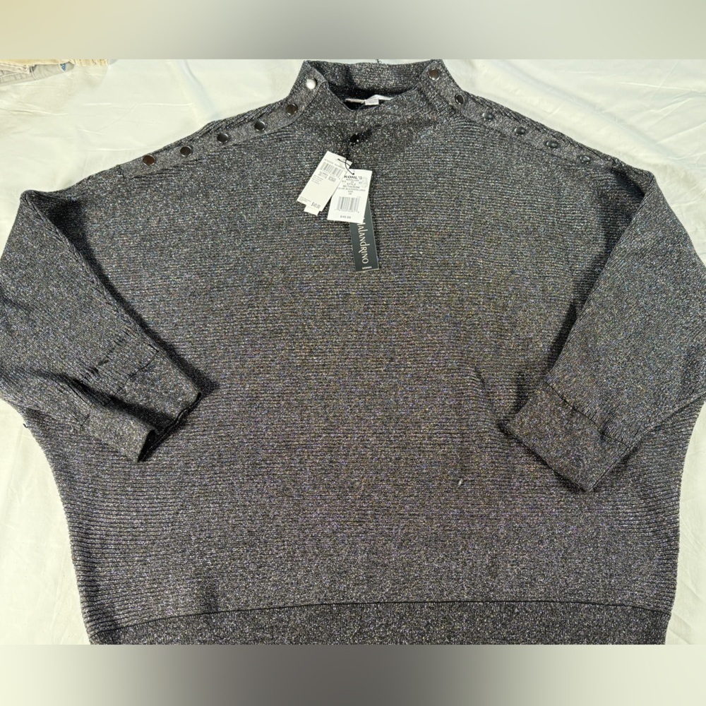 Catherine Malandrino Gray Glitter Button-Shoulder Turtleneck Sweater